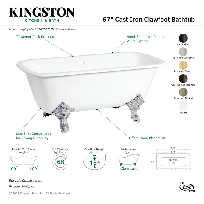 Aqua Eden VCTQ7D6732NL2 67-Inch Cast Iron Rectangular Double Ended Clawfoot Tub (7-Inch Faucet Drillings), White/Polished Brass