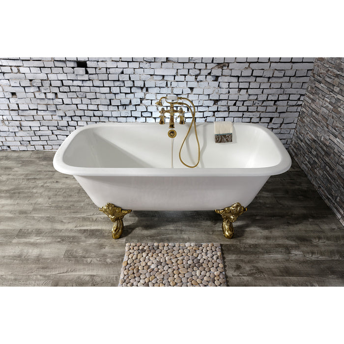 Aqua Eden VCTQ7D6732NL2 67-Inch Cast Iron Rectangular Double Ended Clawfoot Tub (7-Inch Faucet Drillings), White/Polished Brass