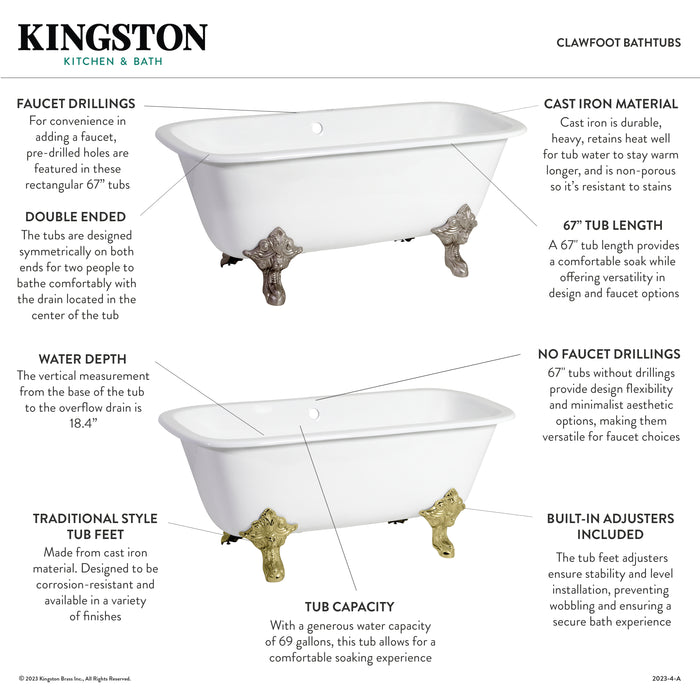 Aqua Eden VCTQ7D6732NL2 67-Inch Cast Iron Rectangular Double Ended Clawfoot Tub (7-Inch Faucet Drillings), White/Polished Brass