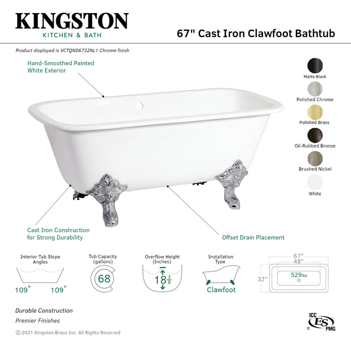 Aqua Eden VCTQND6732NL0 67-Inch Cast Iron Rectangular Double Ended Clawfoot Tub (No Faucet Drillings), White/Matte Black