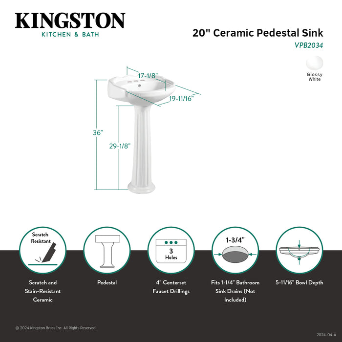 Stuart VPB2034 20-Inch Ceramic Pedestal Sink (4-Inch, 3 Hole), Glossy White
