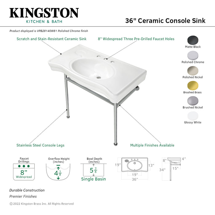 Bristol VPB28140W81 36-Inch Console Sink with Stainless Steel Legs (8-Inch, 3 Hole), White/Polished Chrome