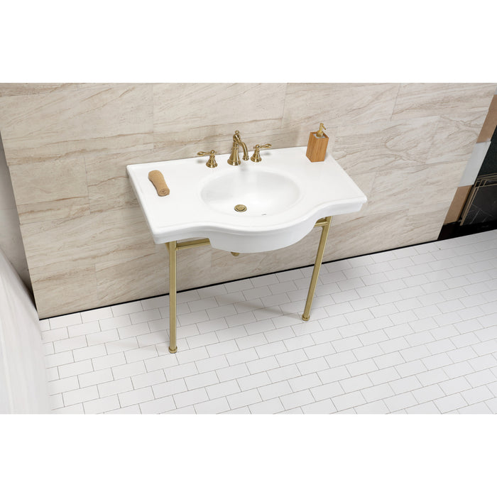 Manchester VPB28140W8BB 37-Inch Console Sink with Stainless Steel Legs (8-Inch, 3 Hole), White/Brushed Brass