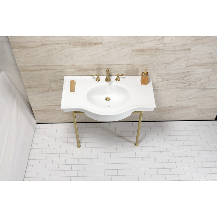 Manchester VPB28140W8BB 37-Inch Console Sink with Stainless Steel Legs (8-Inch, 3 Hole), White/Brushed Brass