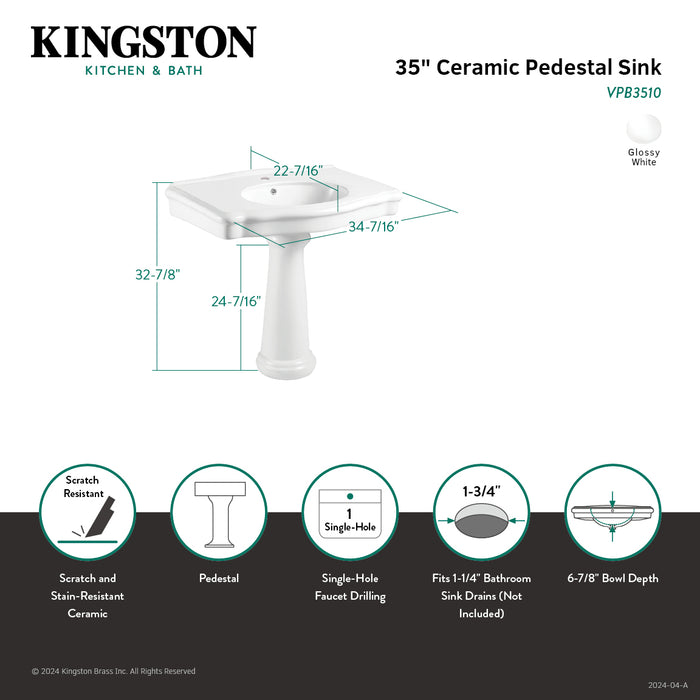 Sovereign VPB3510 35-Inch Ceramic Pedestal Sink (Single Hole), Glossy White