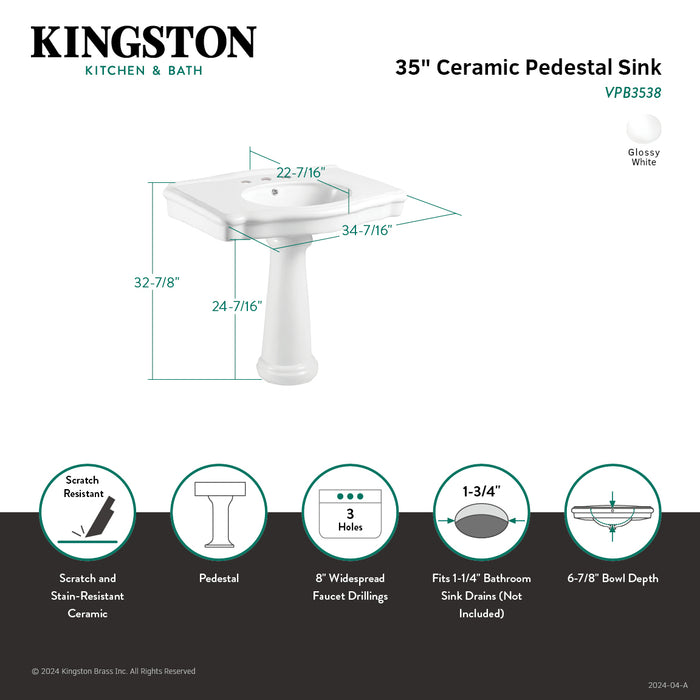 Sovereign VPB3538 35-Inch Ceramic Pedestal Sink (8-Inch, 3 Hole), Glossy White