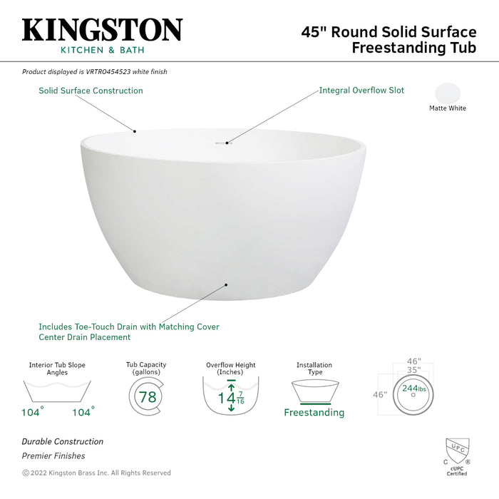 Arcticstone VRTRO454523 45-Inch Solid Surface White Stone Round Double Ended Freestanding Tub with Drain, Matte White