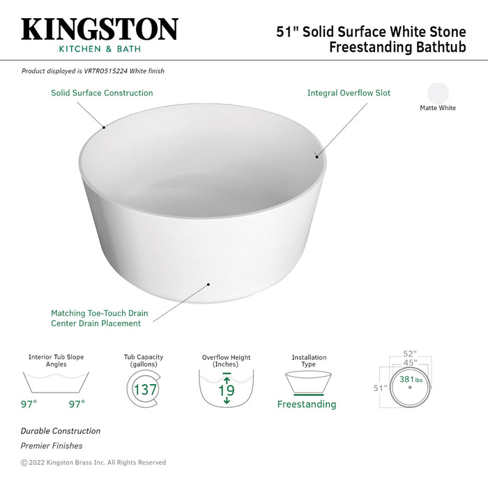 Arcticstone VRTRO515224 51-Inch Solid Surface Round Double Ended Freestanding Tub with Drain, Matte White