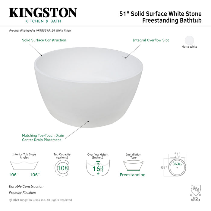 Arcticstone VRTRS515124 51-Inch Solid Surface Round Double Ended Freestanding Tub with Drain, Matte White