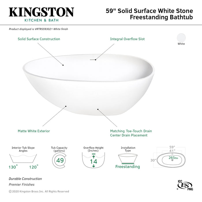 Arcticstone VRTRS593021 59-Inch Solid Surface Egg Shaped Double Ended Freestanding Tub with Drain, Matte White