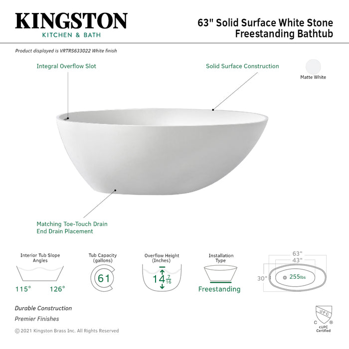 Arcticstone VRTRS633022 63-Inch Solid Surface Egg Shaped Double Ended Freestanding Tub with Drain, Matte White