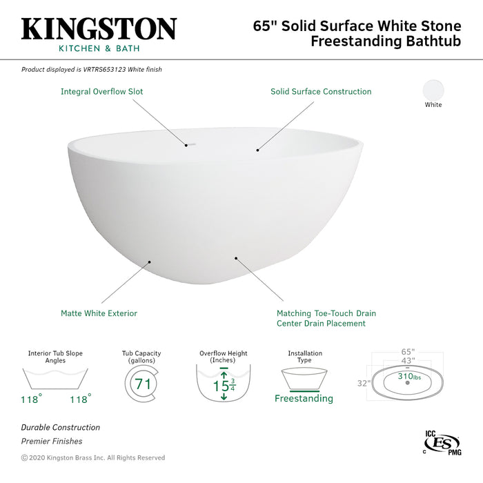 Arcticstone VRTRS653123 65-Inch Solid Surface Oval Double Ended Freestanding Tub with Drain, Matte White