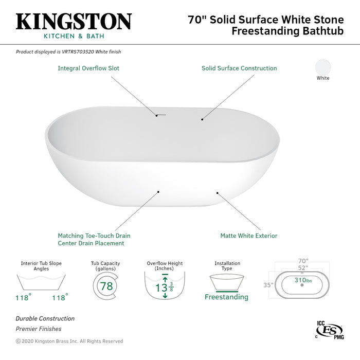 Arcticstone VRTRS703520 70-Inch Solid Surface Oval Double Ended Freestanding Tub with Drain, Matte White