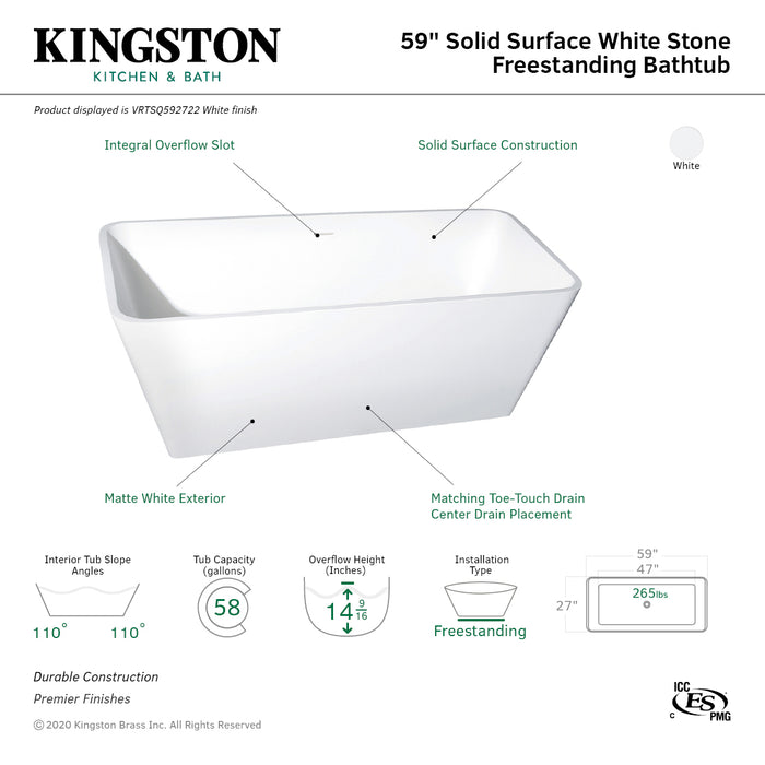 Arcticstone VRTSQ592722 59-Inch Solid Surface Rectangular Double Ended Freestanding Tub with Drain, Matte White