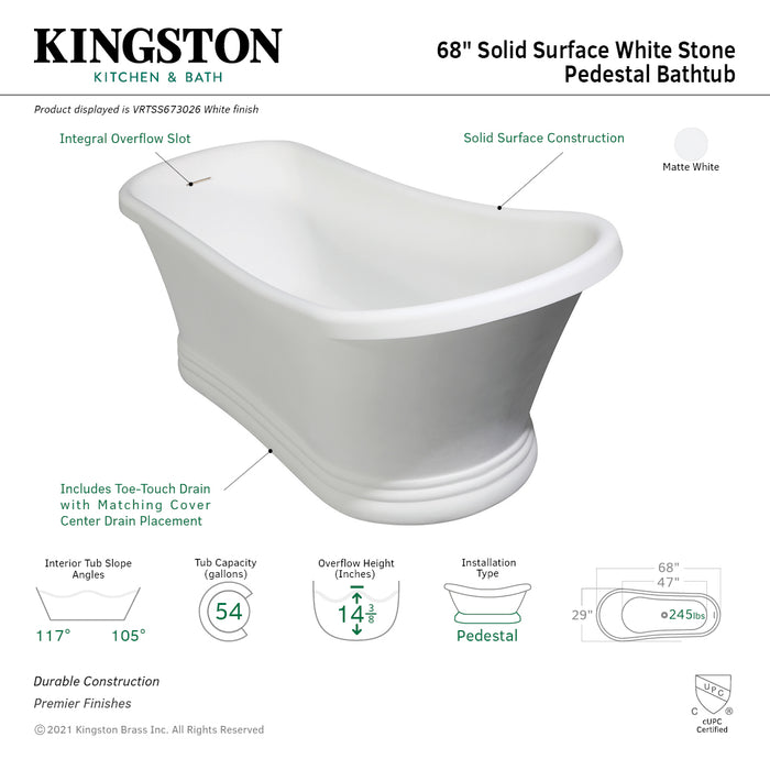 Arcticstone VRTSS673026 68-Inch Solid Surface Oval Single Slipper Pedestal Tub with Drain (No Faucet Drillings), Glossy White/Matte White