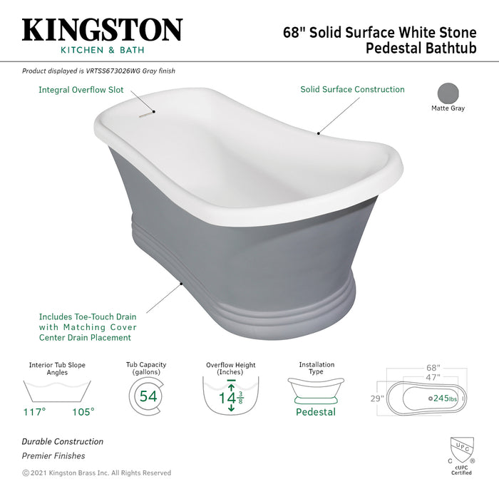 Arcticstone VRTSS673026WG 68-Inch Solid Surface Oval Single Slipper Pedestal Tub with Drain (No Faucet Drillings), Glossy White/Matte Gray