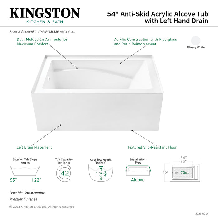 Aqua Eden VTAM5432L22D 54-Inch Acrylic Rectangular 3-Wall Alcove Tub, Left Hand Drain and Anti-Skid Surface, Glossy White