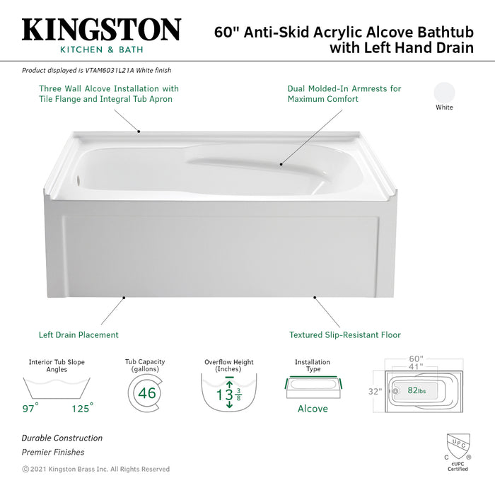 Aqua Eden VTAM6031L21A 60-Inch Acrylic Rectangular 3-Wall Alcove Tub with Armrests and Anti-Skid Surface, Left Hand Drain, Glossy White