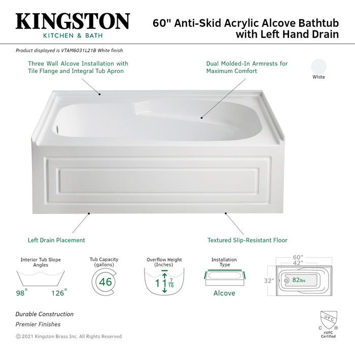 Aqua Eden VTAM6031L21B 60-Inch Acrylic Rectangular 3-Wall Alcove Tub with Armrests and Anti-Skid Surface, Left Hand Drain, Glossy White
