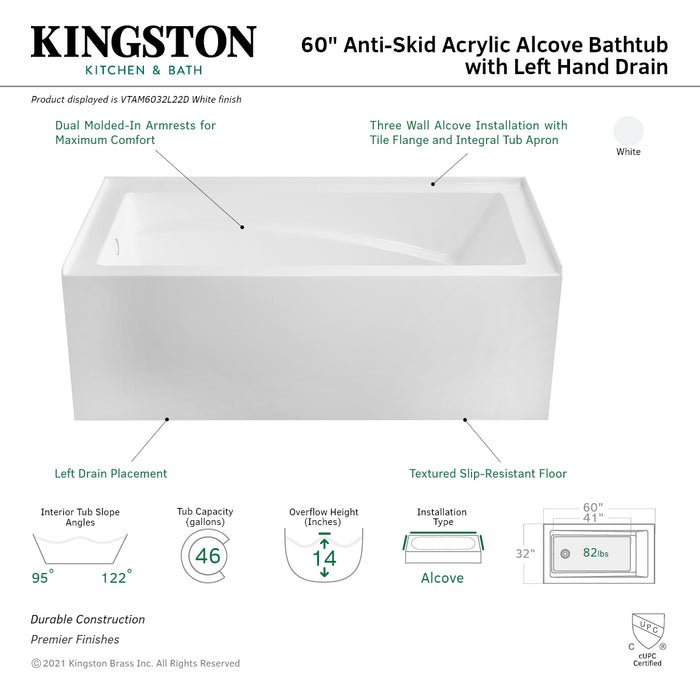 Aqua Eden VTAM6032L22D 60-Inch Acrylic Rectangular 3-Wall Alcove Tub with Armrest and Anti-Skid Surface, Left Hand Drain, Glossy White