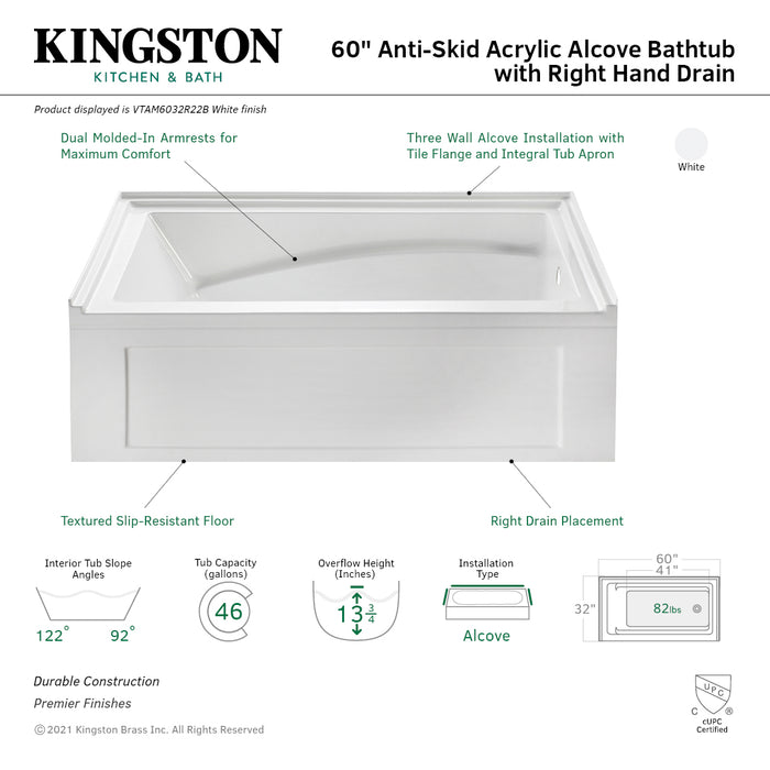 Aqua Eden VTAM6032R22B 60-Inch Acrylic Rectangular 3-Wall Alcove Tub with Armrest and Anti-Skid Surface, Right Hand Drain, Glossy White