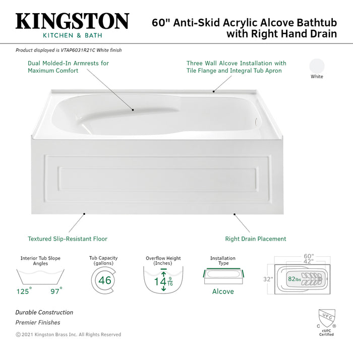 Aqua Eden VTAP6031R21C 60-Inch Acrylic Rectangular 3-Wall Alcove Tub with Anti-Skid Surface, Right Hand Drain, Glossy White