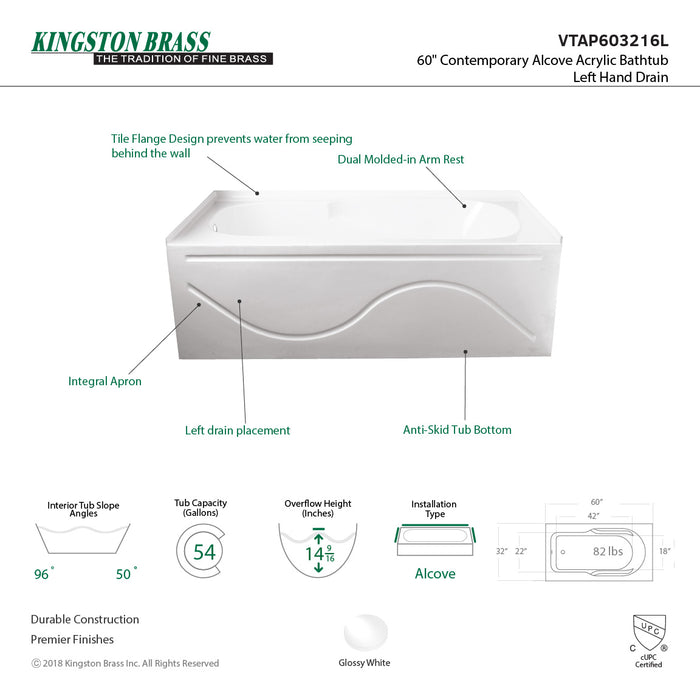 Aqua Eden VTAP603216L 60-Inch Acrylic Rectangular 3-Wall Alcove Tub with Anti Skid and Left Hand Drain Hole, Glossy White