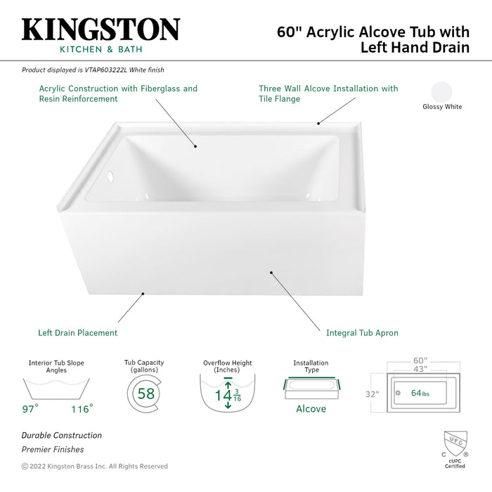 Aqua Eden VTAP603222L 60-Inch Acrylic Rectangular 3-Wall Alcove Tub, Left Hand Drain Hole, Glossy White