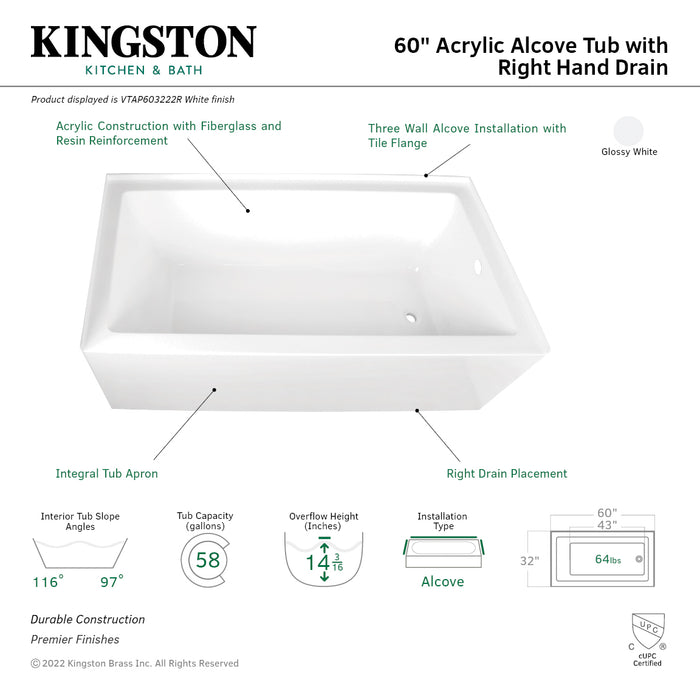 Aqua Eden VTAP603222R 60-Inch Acrylic 3-Wall Alcove Tub with Right Hand Drain Hole, White