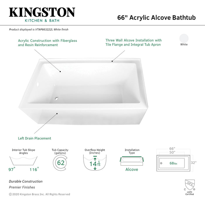 Aqua Eden VTAP663222L 66-Inch Acrylic Rectangular 3-Wall Alcove Tub, Left Hand Drain, Glossy White