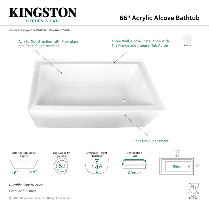 Aqua Eden VTAP663222R 66-Inch Acrylic 3-Wall Alcove Tub with Right Hand Drain Hole, White