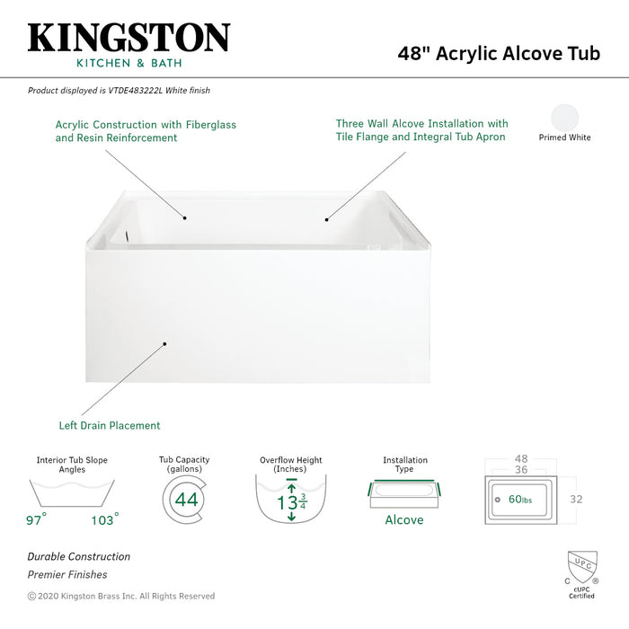 Aqua Eden VTDE483222L 48-Inch Acrylic Rectangular 3-Wall Alcove Tub, Left Hand Drain Hole, Glossy White