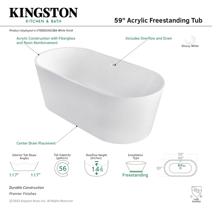 Aqua Eden VTDE603023BA 59-Inch Acrylic Oval Double Ended Freestanding Tub with Drain, Glossy White