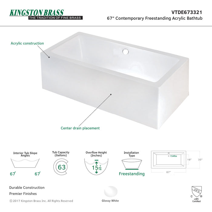 Aqua Eden VTDE673321 67-Inch Acrylic Rectangular Double Ended Freestanding Tub with Drain, Glossy White