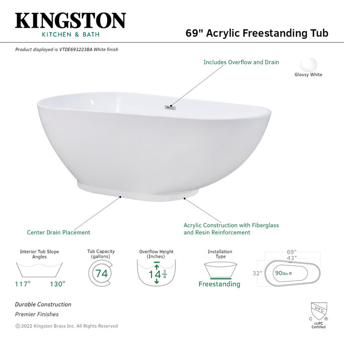 Aqua Eden VTDE693223BA 69-Inch Acrylic Oval Double Ended Freestanding Tub with Drain, Glossy White