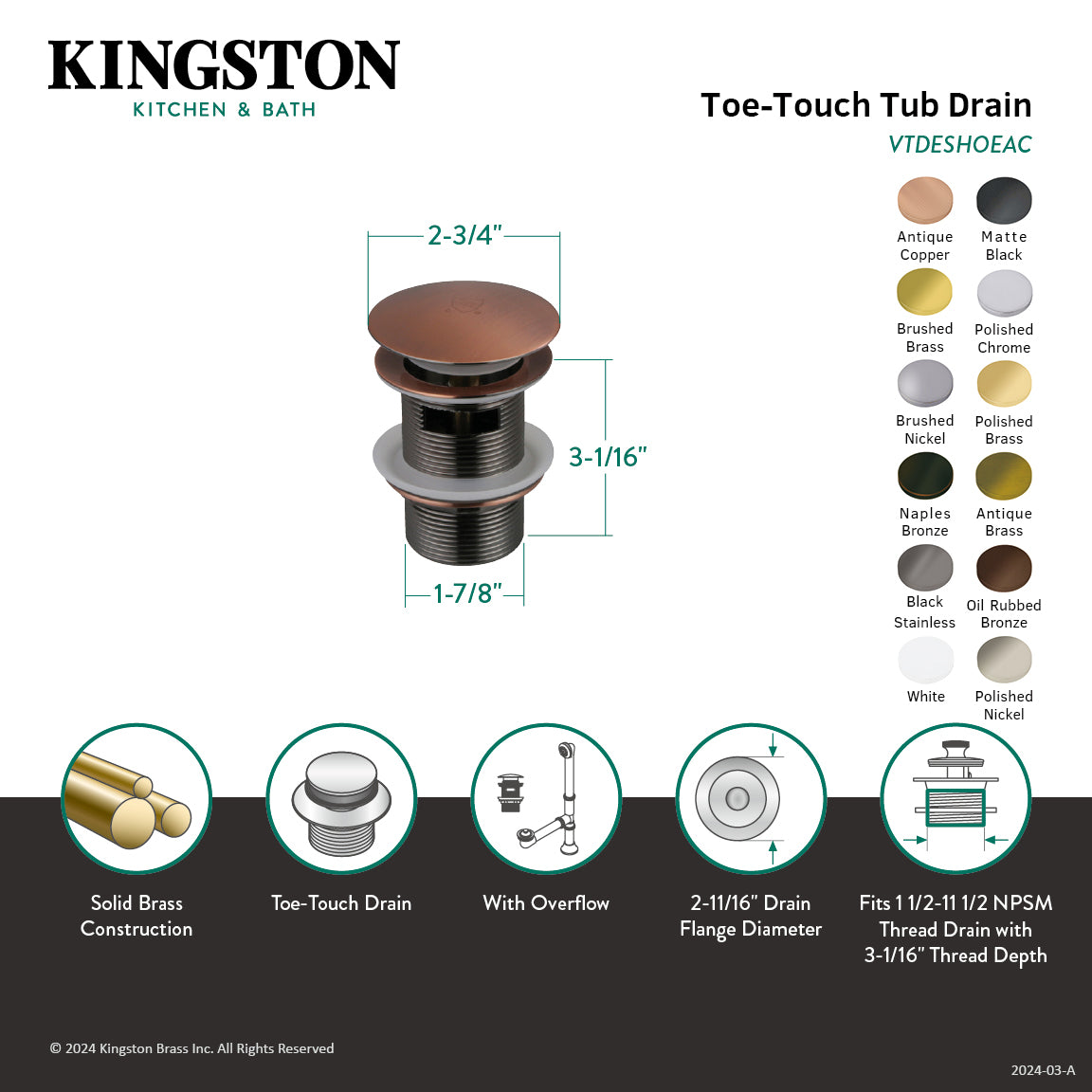 Kingston Brass Trimscape VTDESHOE Brass Toe Touch Tub Drain Shoe 