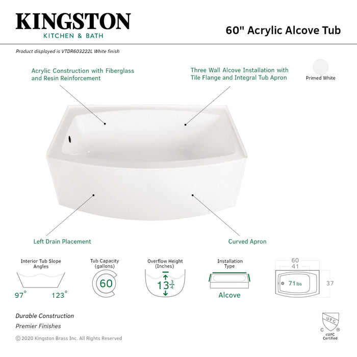 Aqua Eden VTDR603222L 60-Inch Acrylic Rectangular 3-Wall Alcove Tub, Left Hand Drain Hole, Glossy White