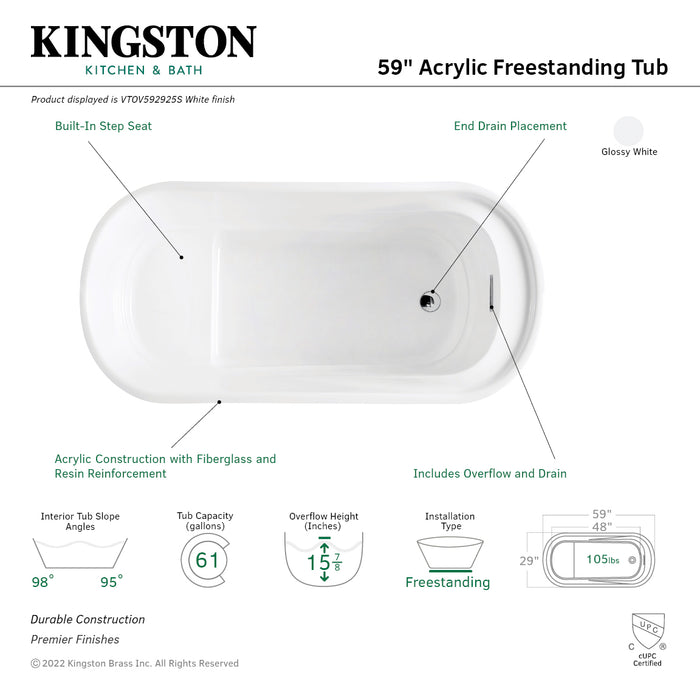 Aqua Eden VTOV592925S 59-Inch Acrylic Oval Double Ended Freestanding Tub with Drain and Integrated Seat, Glossy White