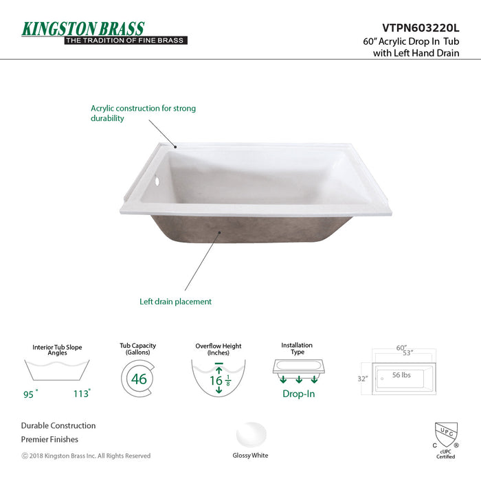 Aqua Eden VTPN603220L 60-Inch Acrylic Rectangular Drop-In Tub, Left Hand Drain, Glossy White