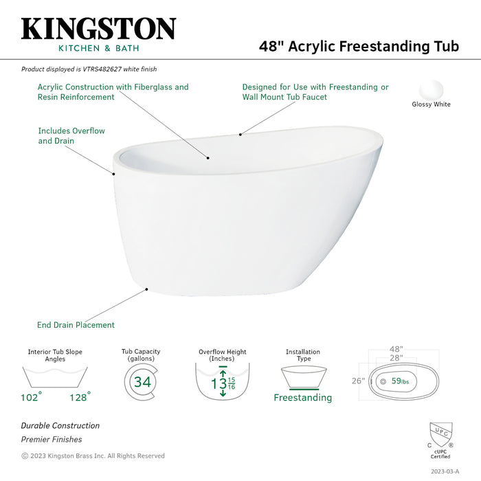 Aqua Eden VTRS482627 48-Inch Acrylic Oval Single Slipper Freestanding Tub with Drain, Glossy White