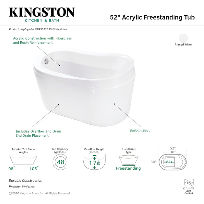 Aqua Eden VTRS523030 52-Inch Acrylic Oval Single Slipper Freestanding Tub with Drain and Integrated Seat, Glossy White