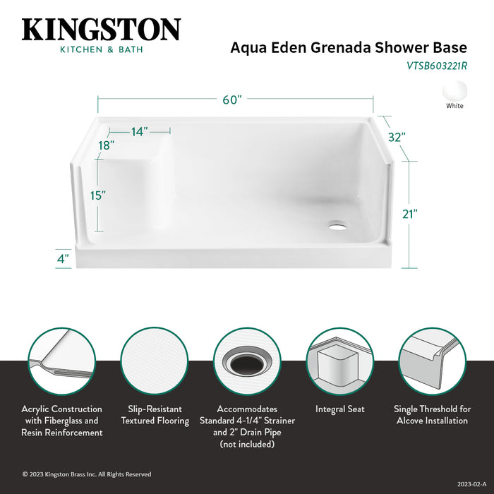 Grenada VTSB603221R 60-Inch x 32-Inch Anti-Skid Acrylic Shower Base with Integral Seat, Right Hand Drain, White