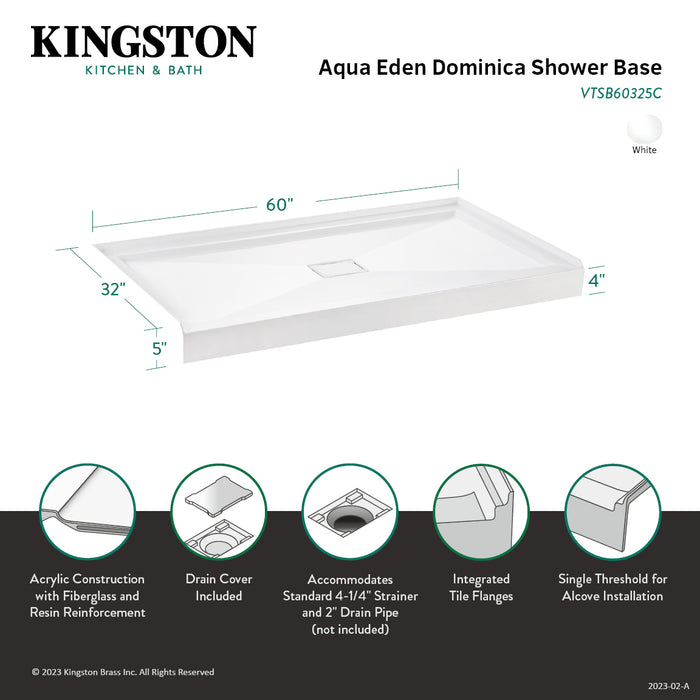 Dominica VTSB60325C 60-Inch x 32-Inch Acrylic Single Threshold Shower Base with Center Drain, White