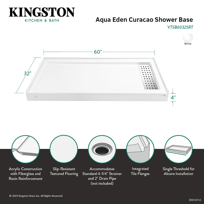 Curacao VTSB60325RT 60-Inch x 32-Inch Anti-Skid Acrylic Single Threshold Shower Base with Right Drain, Glossy White