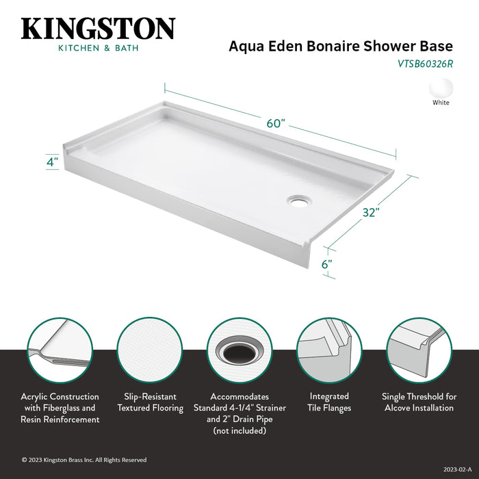 Bonaire VTSB60326R 60-Inch x 32-Inch Anti-Skid Acrylic Shower Base with Right Hand Drain, White