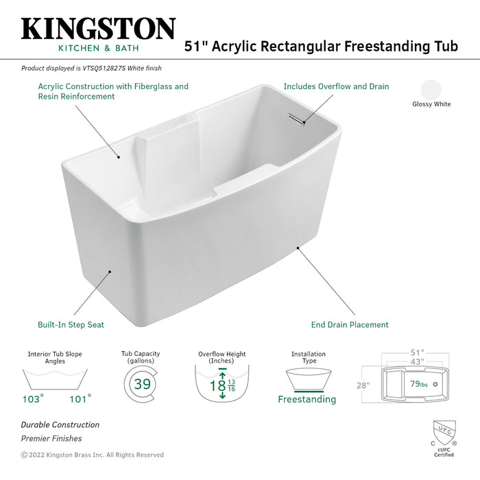 Aqua Eden VTSQ512827S 51-Inch Acrylic Rectangular Double Slipper Freestanding Tub with Drain and Integrated Seat, Glossy White