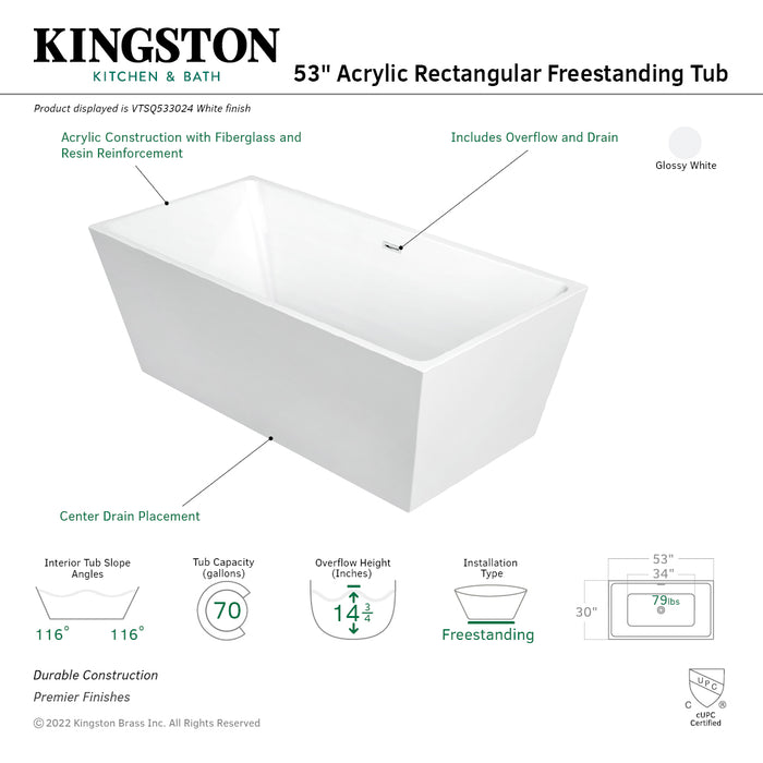 Aqua Eden VTSQ533024 53-Inch Acrylic Rectangular Double Ended Freestanding Tub with Drain, Glossy White