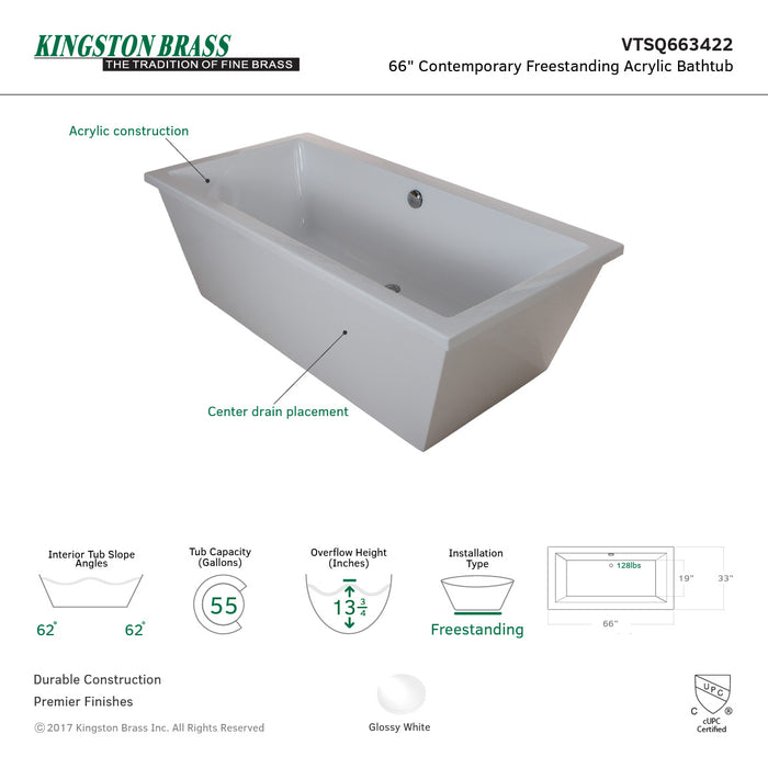 Aqua Eden VTSQ663422 66-Inch Acrylic Rectangular Double Ended Freestanding Tub with Drain, Glossy White