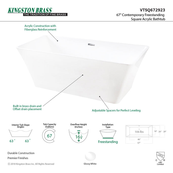 Aqua Eden VTSQ672923 67-Inch Acrylic Rectangular Double Ended Freestanding Tub with Drain, Glossy White