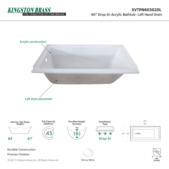 Aqua Eden XVTPN603020L 60-Inch Acrylic Rectangular Drop-In Tub, Left Hand Drain, Glossy White